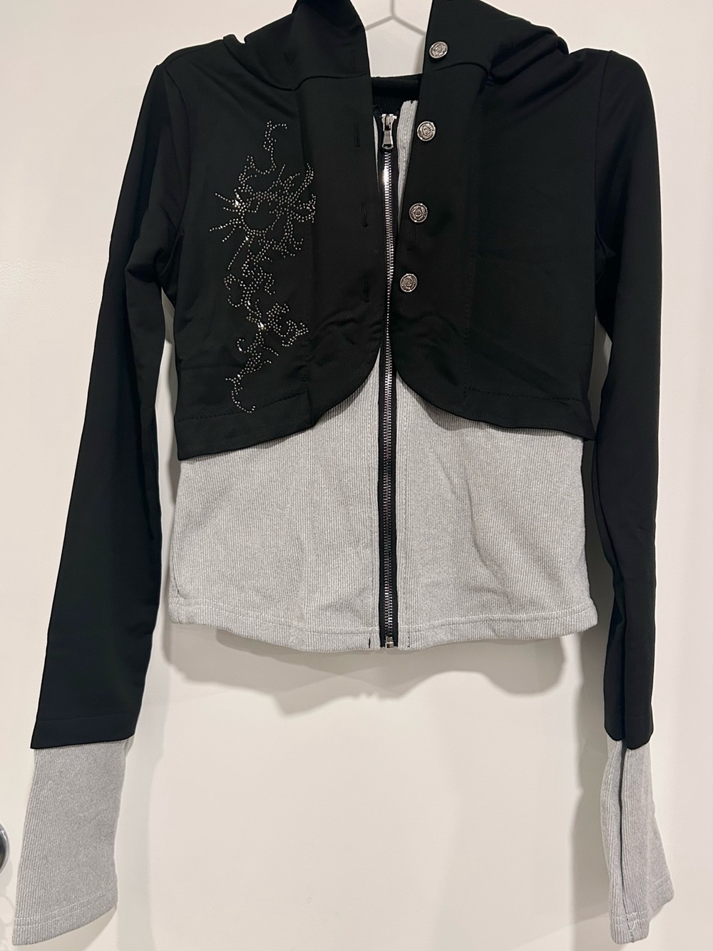 Y2K Two-Layered Black and Light Gray Hooded Jacket with metal, dimension details